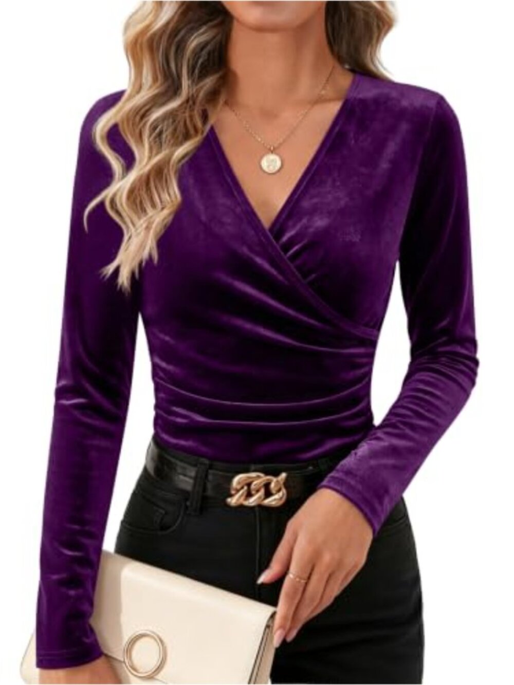 Women's Velvet Wrap Top Long Sleeve V Neck Blouse